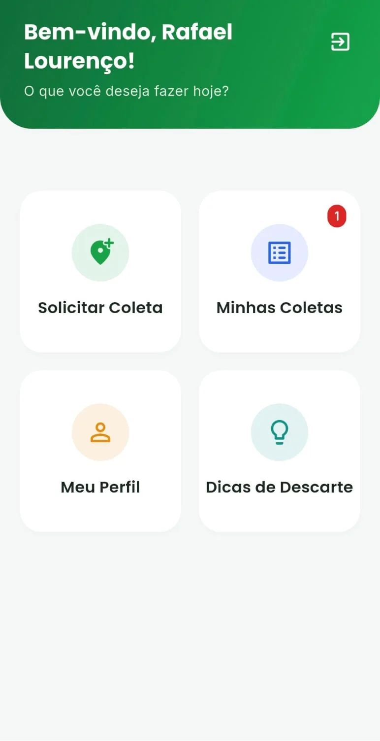 Tela inicial do EcoColeta com os atalhos Solicitar Coleta, Minhas Coletas, Meu Perfil e Dicas de Descarte