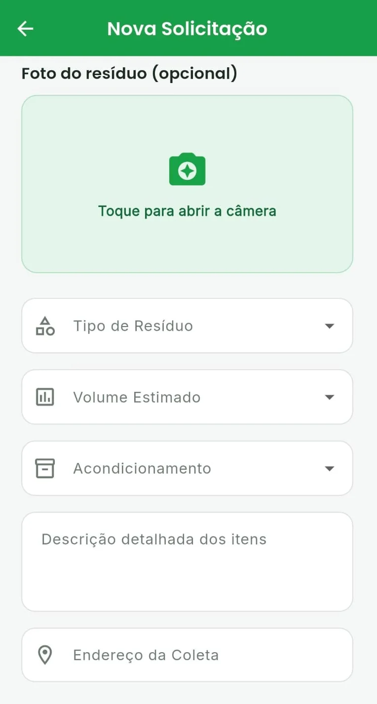 Formulário de nova solicitação de coleta com tipo de resíduo, volume, acondicionamento, foto e endereço